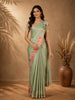 Mint Green Stripes And Floral Printed Tussar Silk Saree