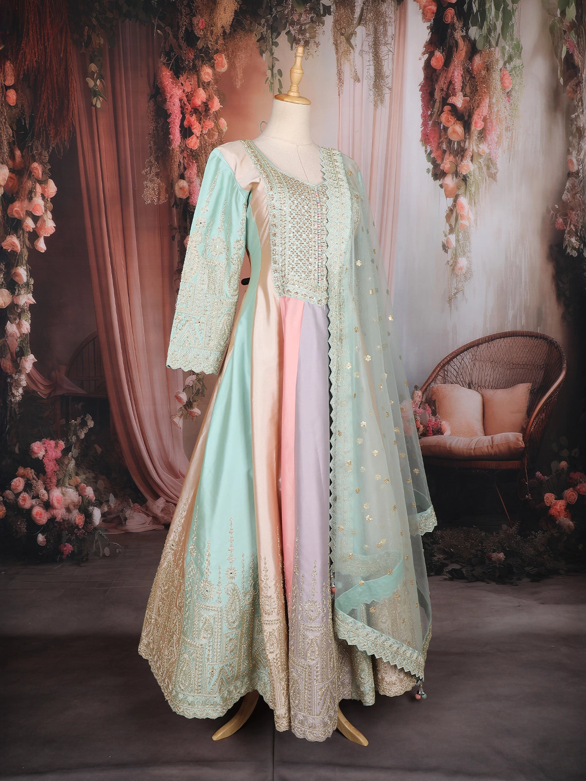 Mint Green and Pastel Multi-Shade Sequins Embroidered Satin Anarkali Gown with Dupatta | Diadem Mint Green and Pastel Multi-Shade Sequins Embroidered Satin Anarkali Gown with Dupatta | Diadem