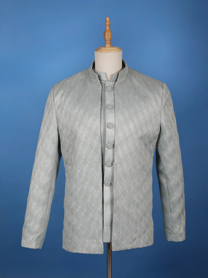 Mint Grey Raw Silk Sherwani Suit with Jacquard Pattern - Diadem