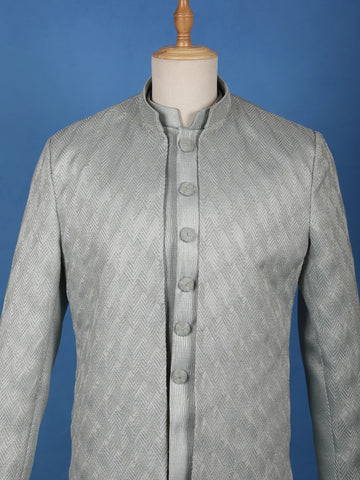 Mint Grey Raw Silk Sherwani Suit with Jacquard Pattern - Diadem