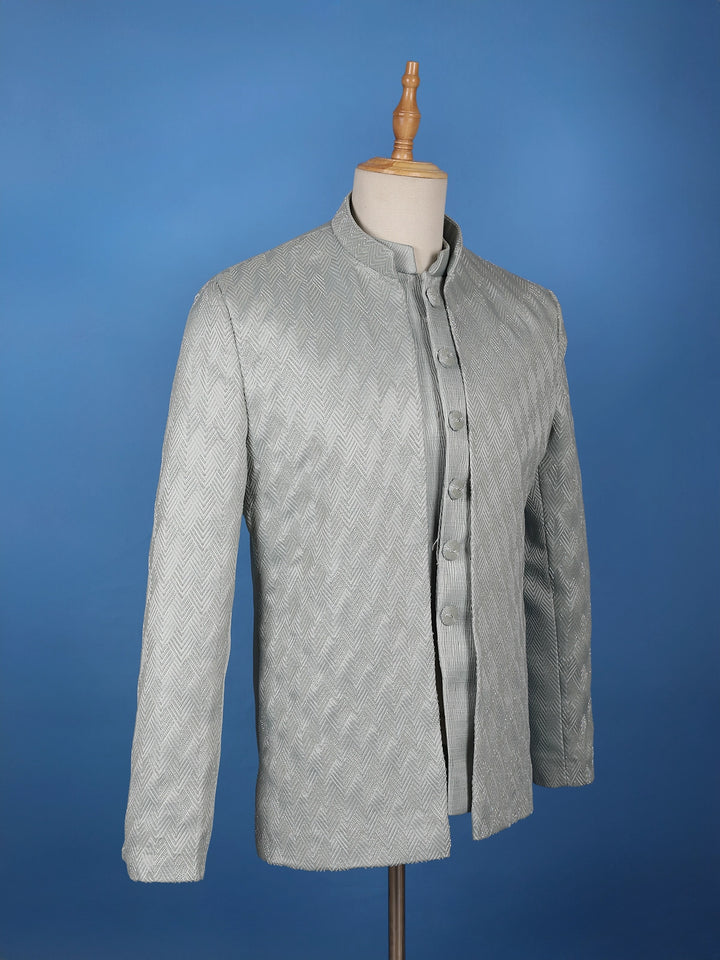 Mint Grey Raw Silk Sherwani Suit with Jacquard Pattern - Diadem