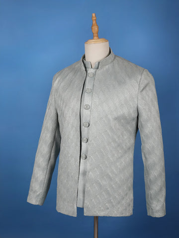 Mint Grey Raw Silk Sherwani Suit with Jacquard Pattern - Diadem