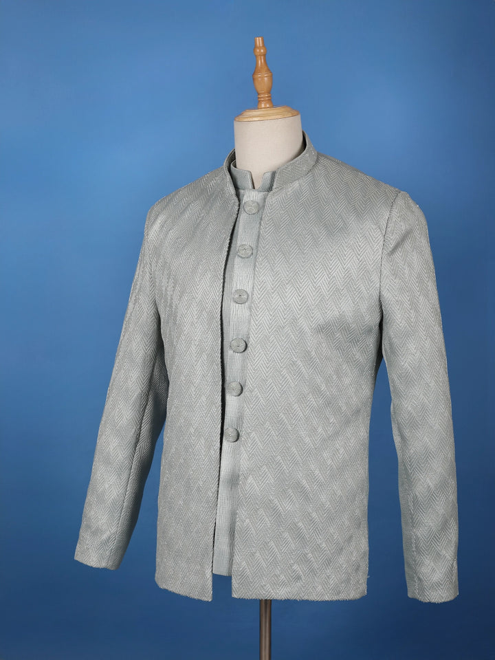 Mint Grey Raw Silk Sherwani Suit with Jacquard Pattern - Diadem