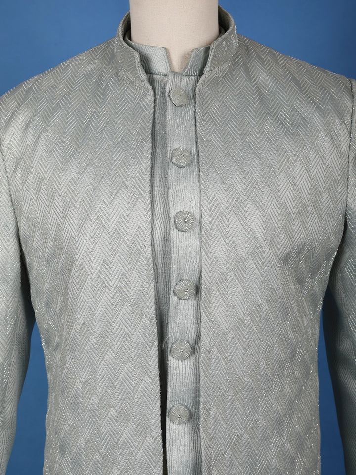 Mint Grey Raw Silk Sherwani Suit with Jacquard Pattern - Diadem
