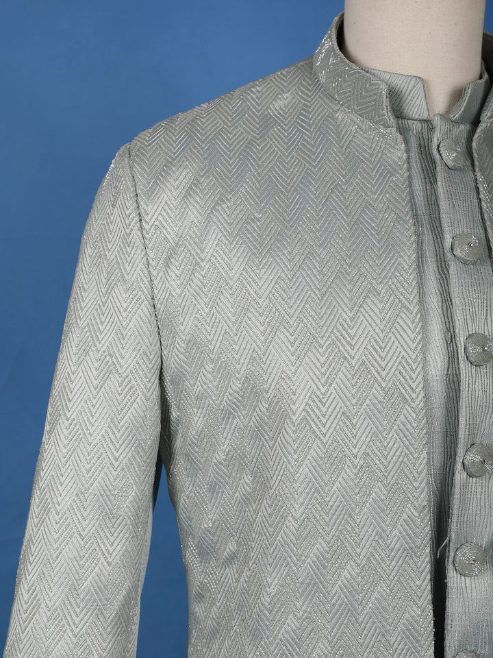 Mint Grey Raw Silk Sherwani Suit with Jacquard Pattern - Diadem