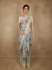 Mint Sage Green Floral Printed Design Banarasi Saree with Contrast Ivory Border