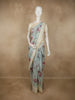Mint Sage Green Floral Printed Design Banarasi Saree with Contrast Ivory Border