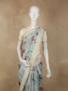 Mint Sage Green Floral Printed Design Banarasi Saree with Contrast Ivory Border