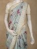 Mint Sage Green Floral Printed Design Banarasi Saree with Contrast Ivory Border