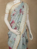 Mint Sage Green Floral Printed Design Banarasi Saree with Contrast Ivory Border