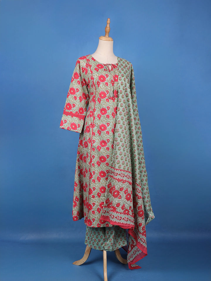 Mint Green Floral Design Printed Cotton Salwar Suit - Diadem
