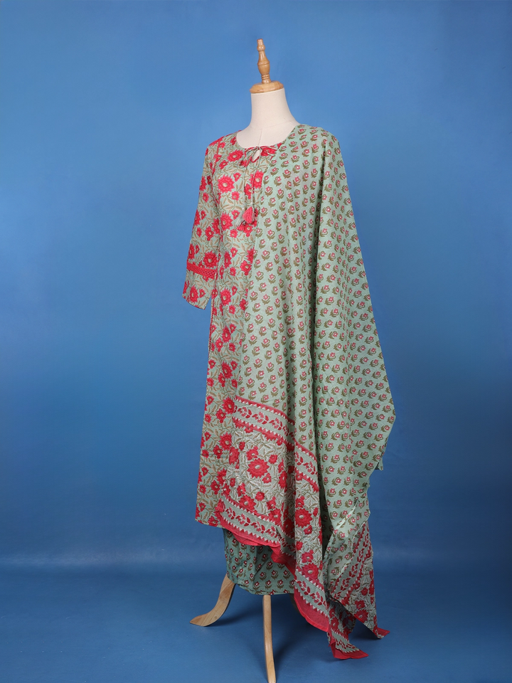 Mint Green Floral Design Printed Cotton Salwar Suit - Diadem
