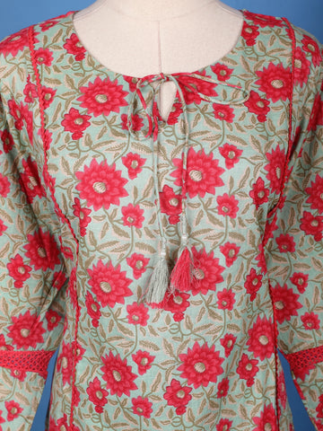 Mint Green Floral Design Printed Cotton Salwar Suit - Diadem