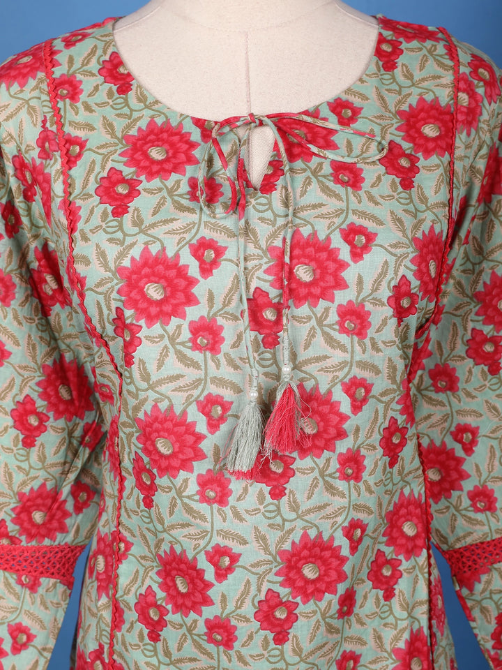 Mint Green Floral Design Printed Cotton Salwar Suit - Diadem