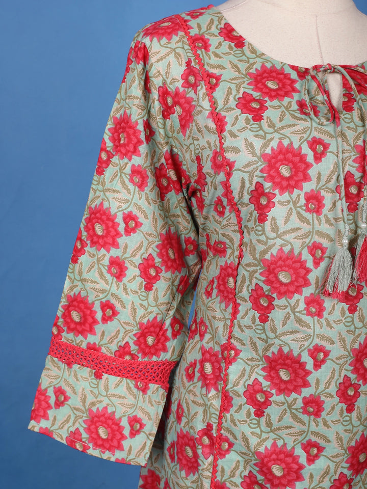 Mint Green Floral Design Printed Cotton Salwar Suit - Diadem