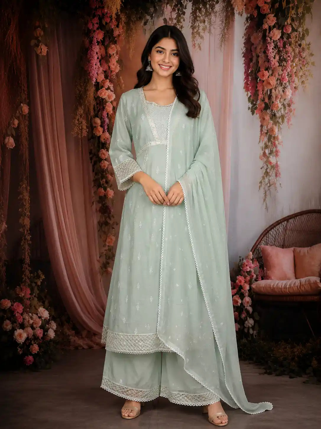 Mint Green Floral Embroidered Cotton Salwar Suit with Embroidered Dupatta