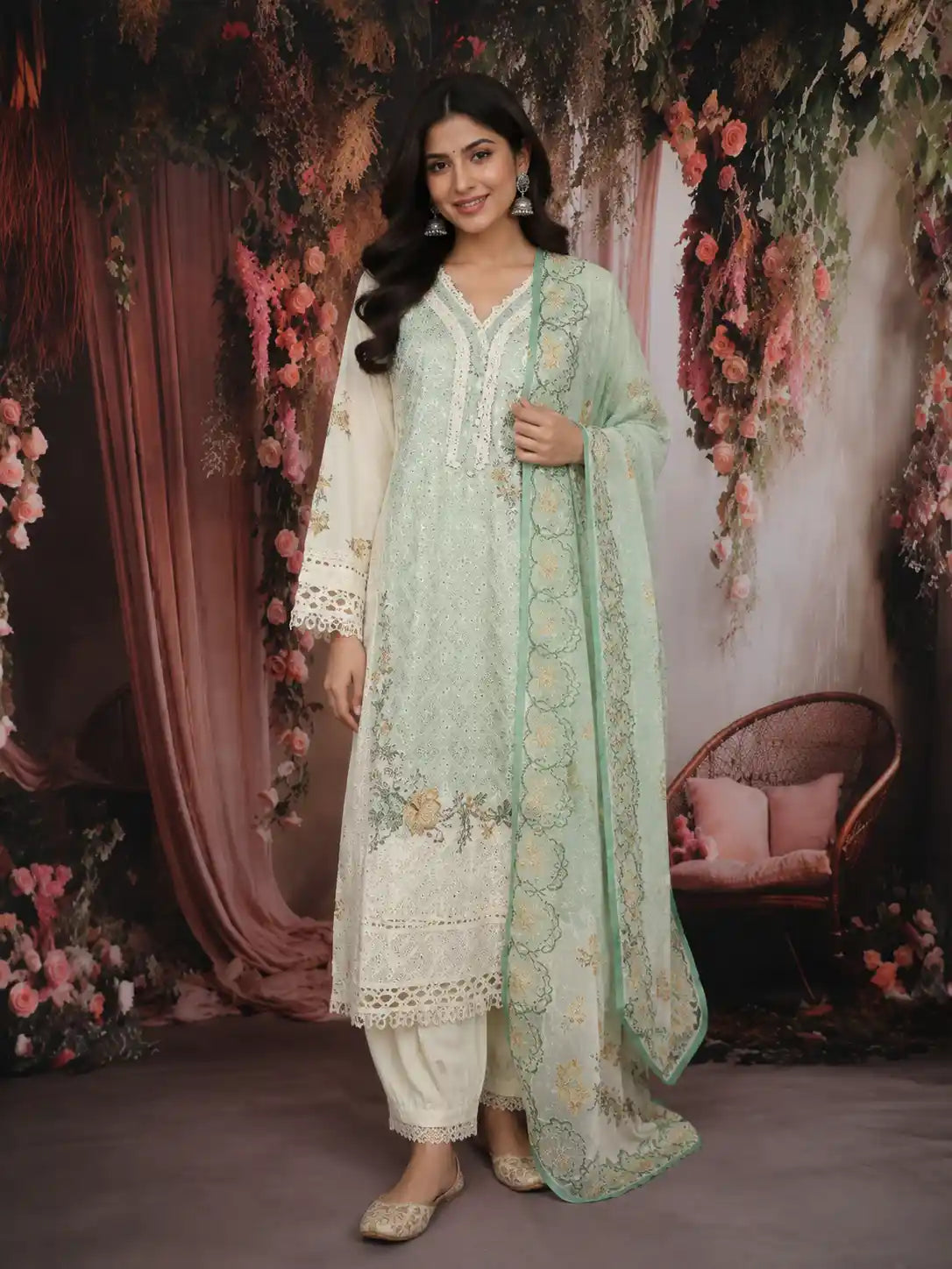 Mint Green Floral Embroidered Design Cotton Salwar Suit with Dupatta