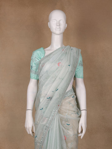 Mint Green Floral Embroidered Organza Designer Saree - Diadem