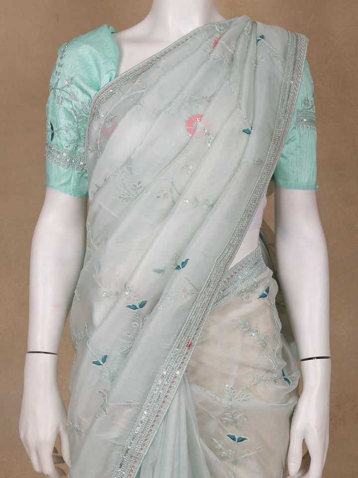 Mint Green Floral Embroidered Organza Designer Saree - Diadem