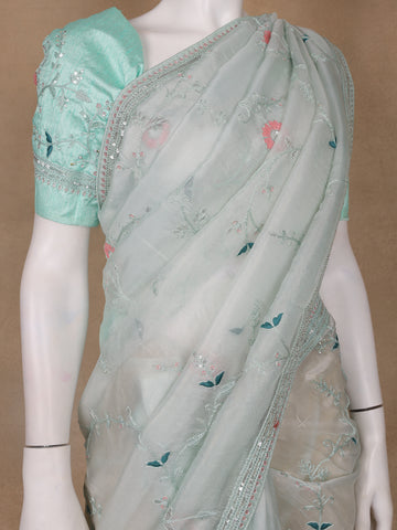 Mint Green Floral Embroidered Organza Designer Saree - Diadem