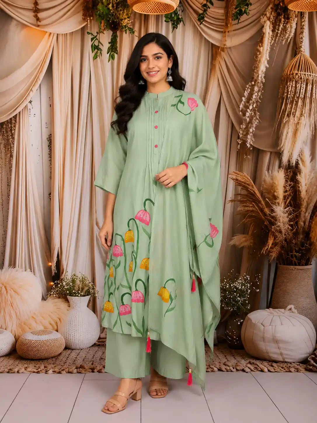 Mint Green Floral Painted Cotton Salwar Suit with Dupatta