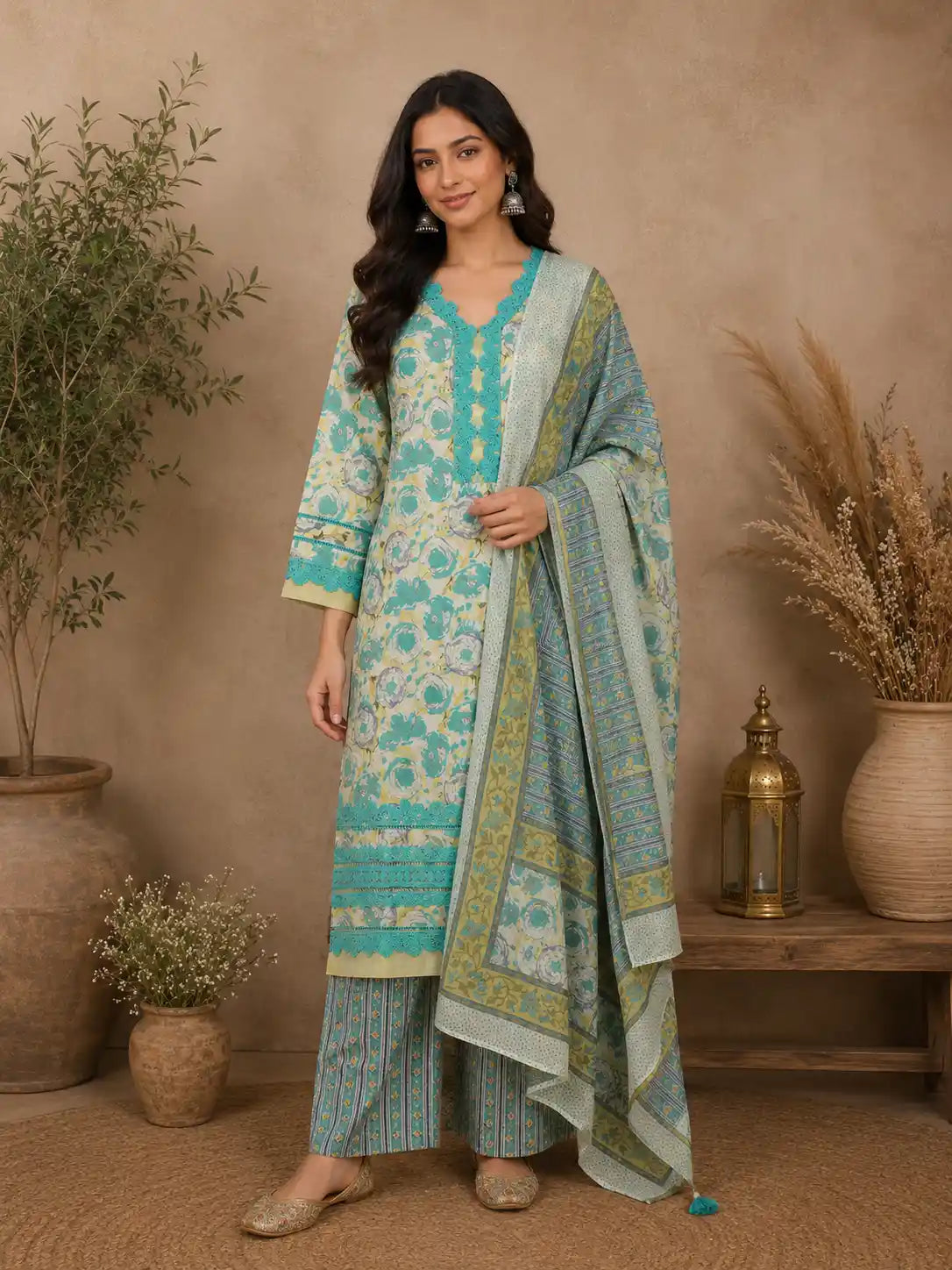 Mint Green Floral Printed Cotton Salwar Suit with Dupatta