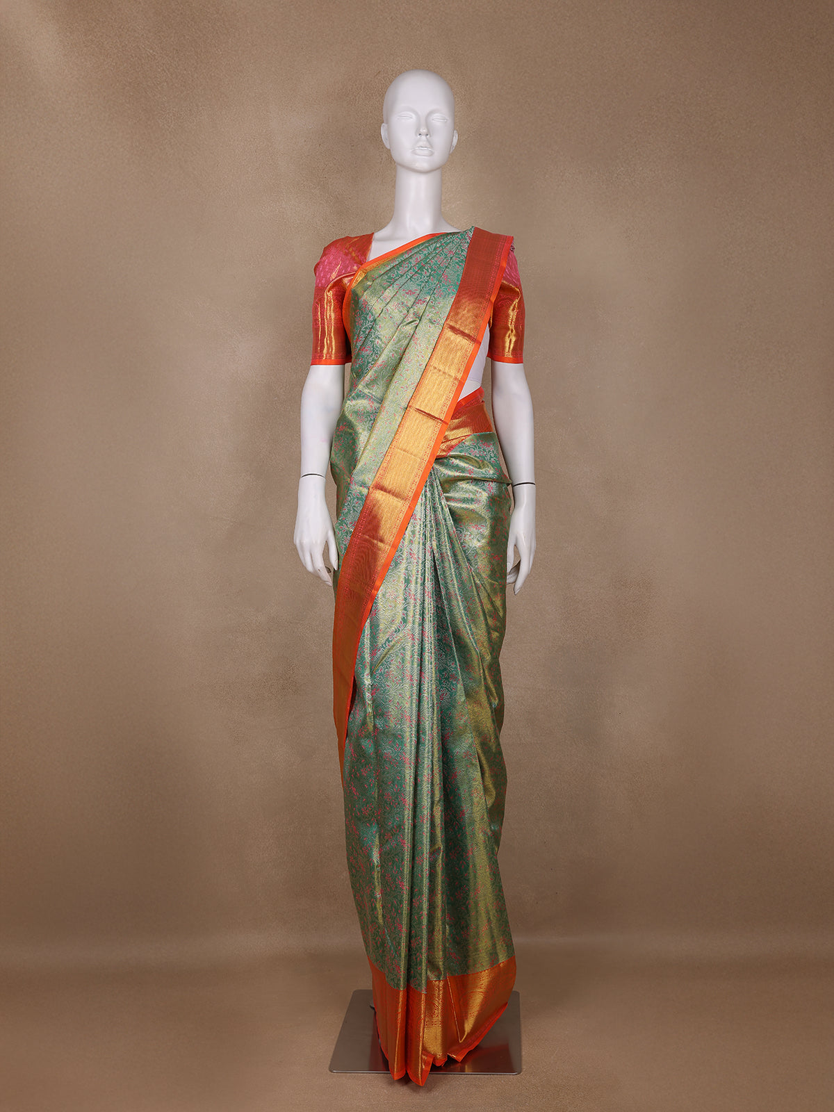 Mint Green Floral Woven Motifs Pure Kanchipuram Tissue Silk Saree - Diadem