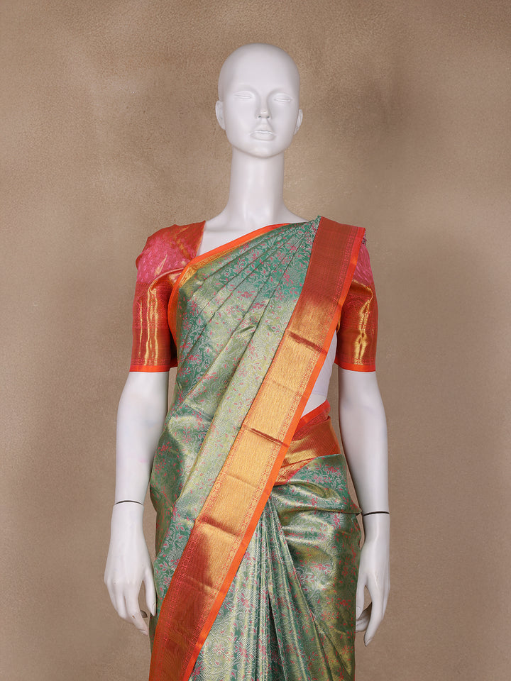 Mint Green Floral Woven Motifs Pure Kanchipuram Tissue Silk Saree - Diadem