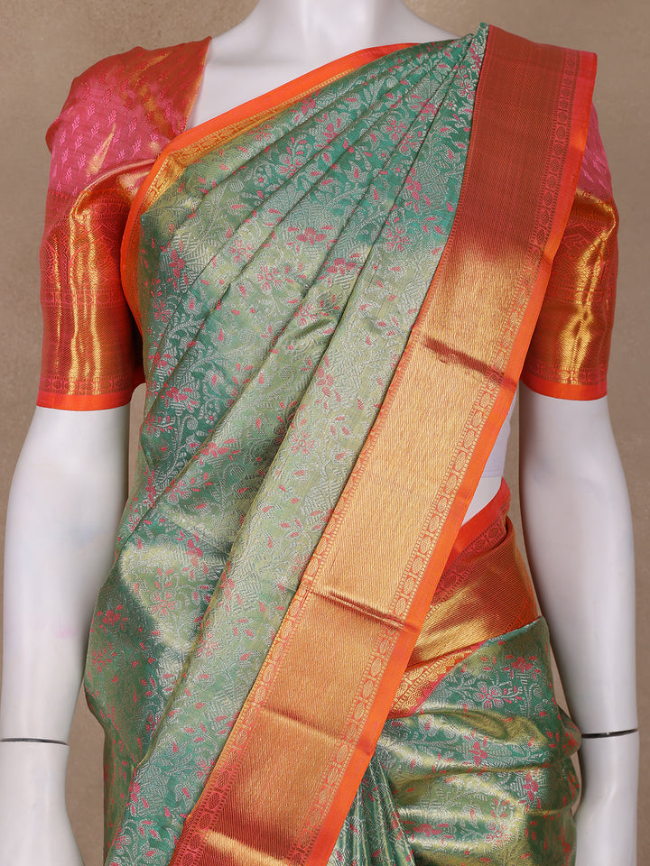 Mint Green Floral Woven Motifs Pure Kanchipuram Tissue Silk Saree - Diadem