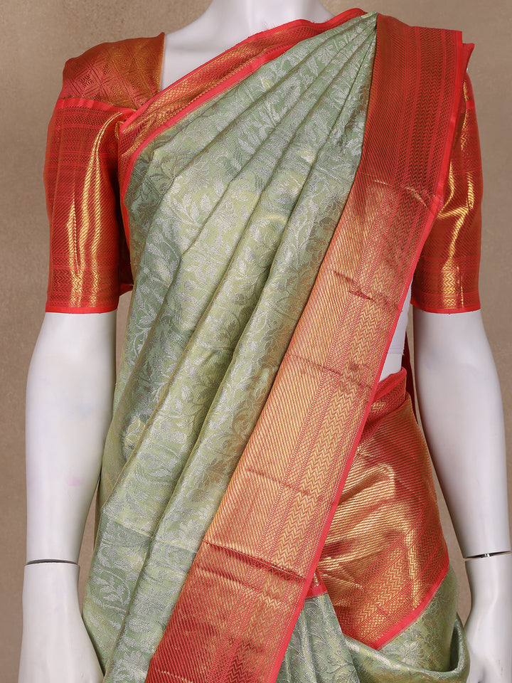 Mint Green Floral Woven Pure Tissue Silk Saree - Diadem