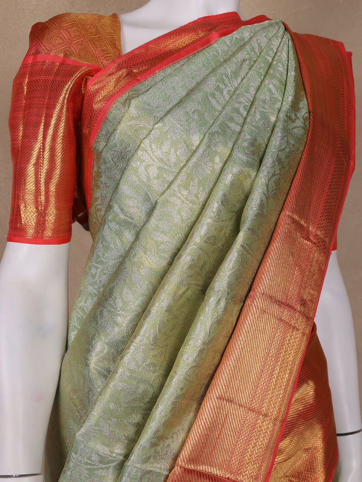 Mint Green Floral Woven Pure Tissue Silk Saree - Diadem