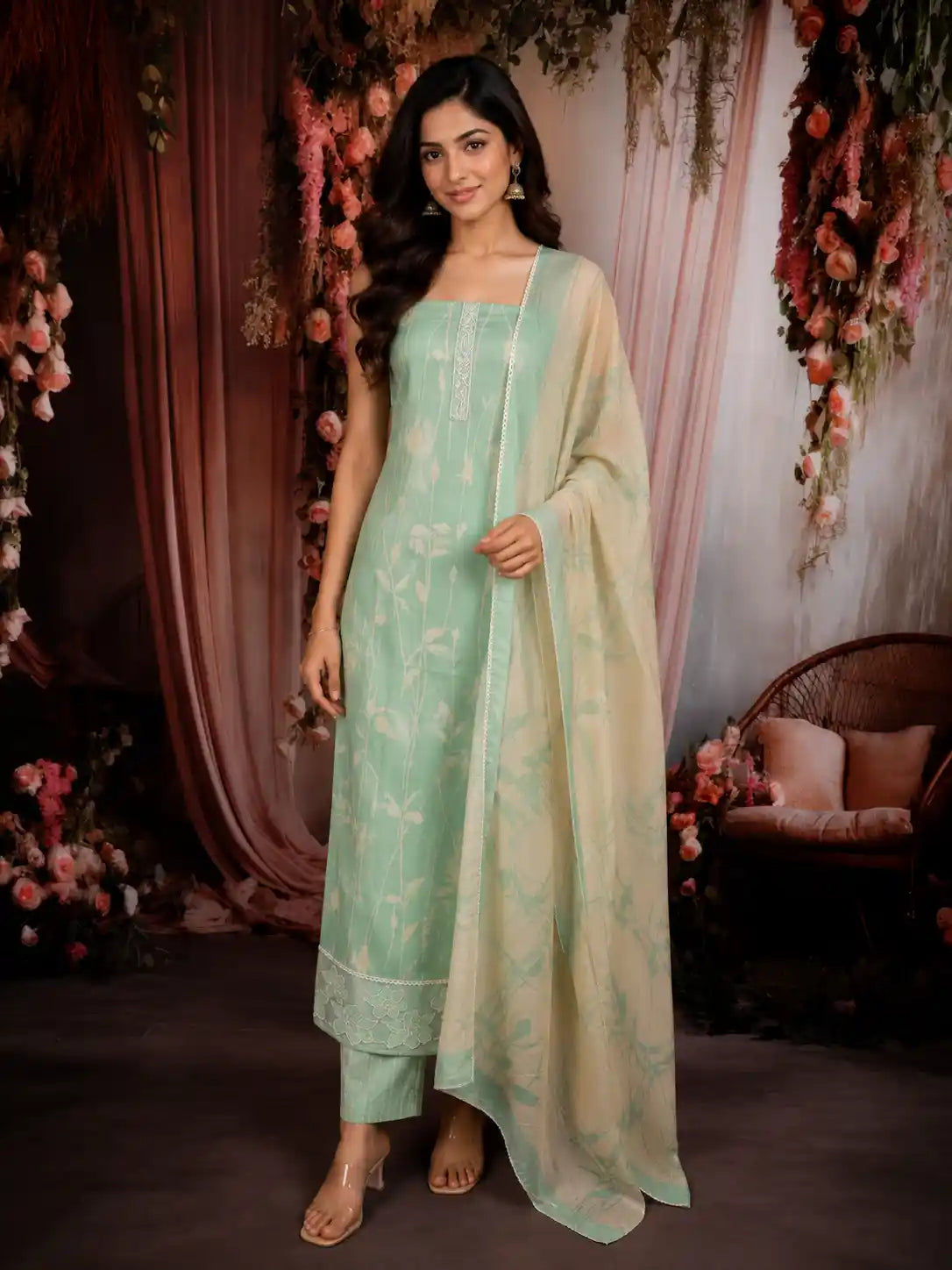 Mint Green Leaf Vine Printed Design Cotton Unstitched Salwar Material with Dupatta