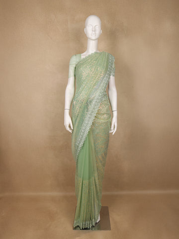 Mint Green Sequin Embellishment Organza Saree - Diadem