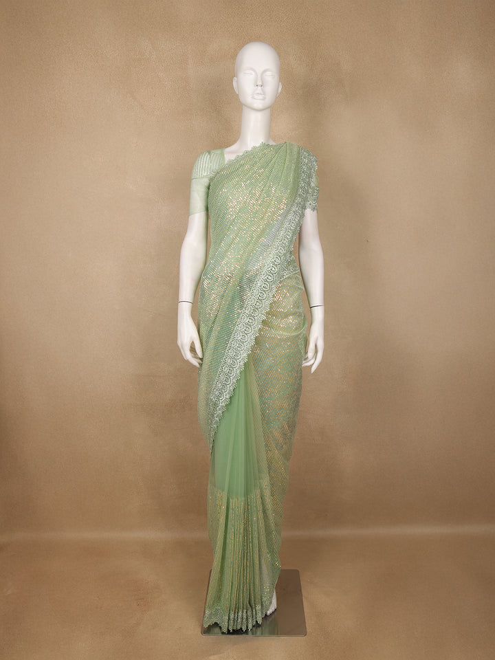 Mint Green Sequin Embellishment Organza Saree - Diadem