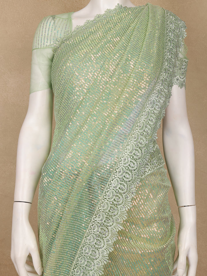 Mint Green Sequin Embellishment Organza Saree - Diadem