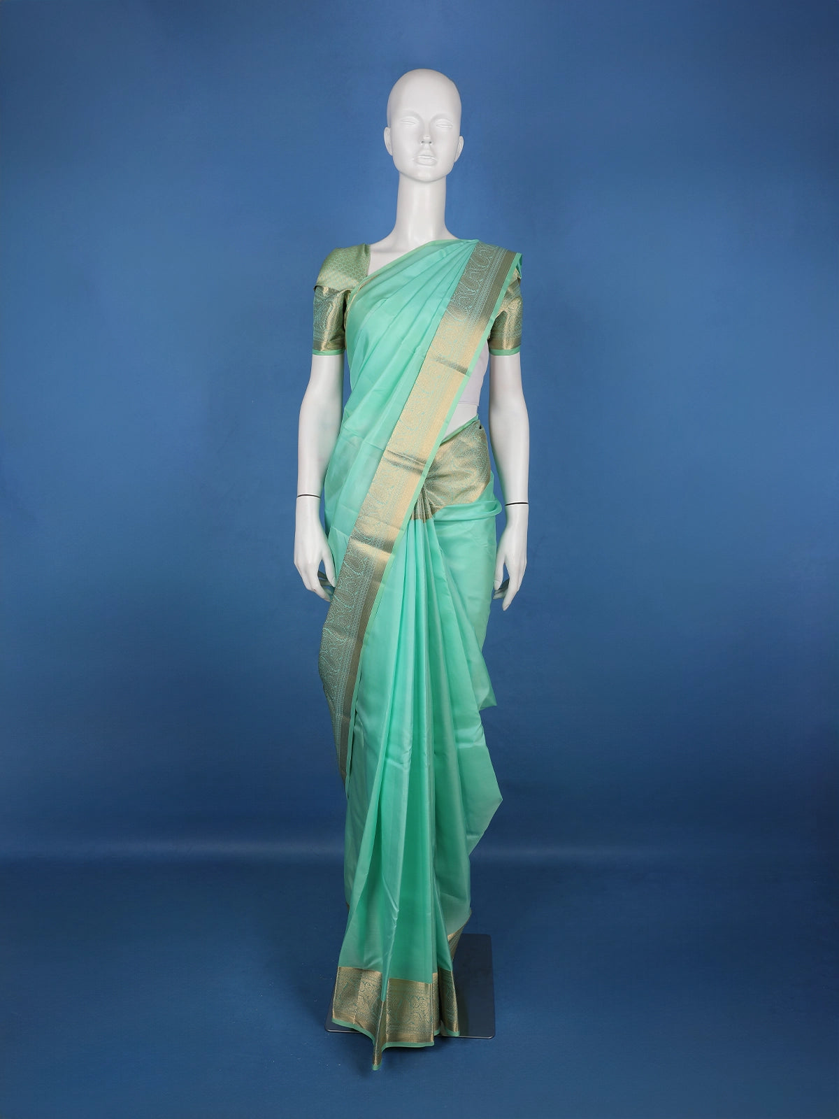 Mint Green Solid Design Woven Zari Border Silk Saree - Diadem