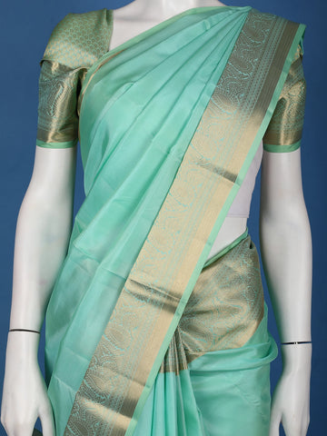 Mint Green Solid Design Woven Zari Border Silk Saree - Diadem