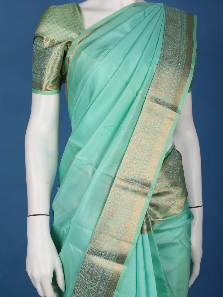 Mint Green Solid Design Woven Zari Border Silk Saree - Diadem