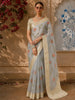 Misty Sage Grey Floral Thread Embroidered Design Pure Tussar Saree with Contrast Border