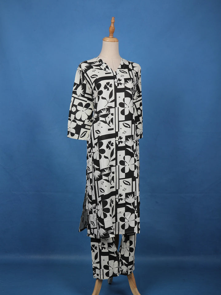 Monochrome Geometric Floral Printed Cotton Salwar Suit - Diadem