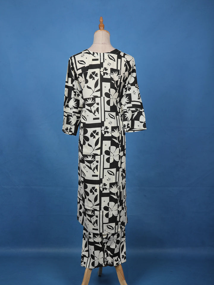 Monochrome Geometric Floral Printed Cotton Salwar Suit - Diadem