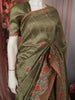 Moss Olive Green Solid Woven Design Pure Tussar Saree with Floral Scalloped Border