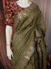 Moss Olive Green Striped Woven Design Pure Tussar Saree with Contrast Blouse