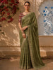 Moss Olive Green Striped Woven Design Pure Tussar Saree with Contrast Blouse