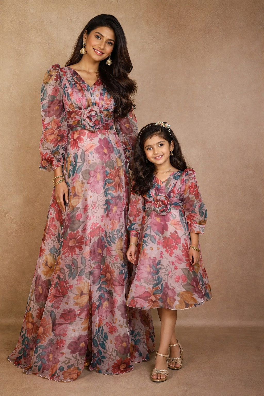 Pink Organza Party Wear Gowns for Mother & Daughter