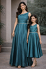 Teal Green Organza Party Wear Gowns for Mother & Daughter