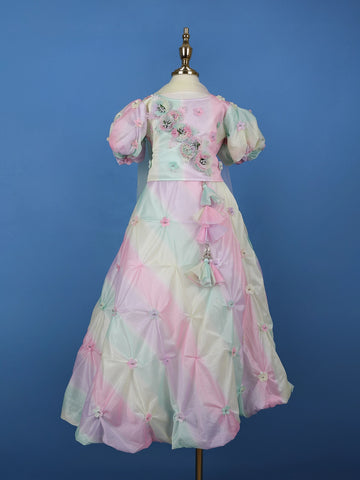 MultiColor 3D Floral Embellishments Organza Kids Lehenga - Diadem