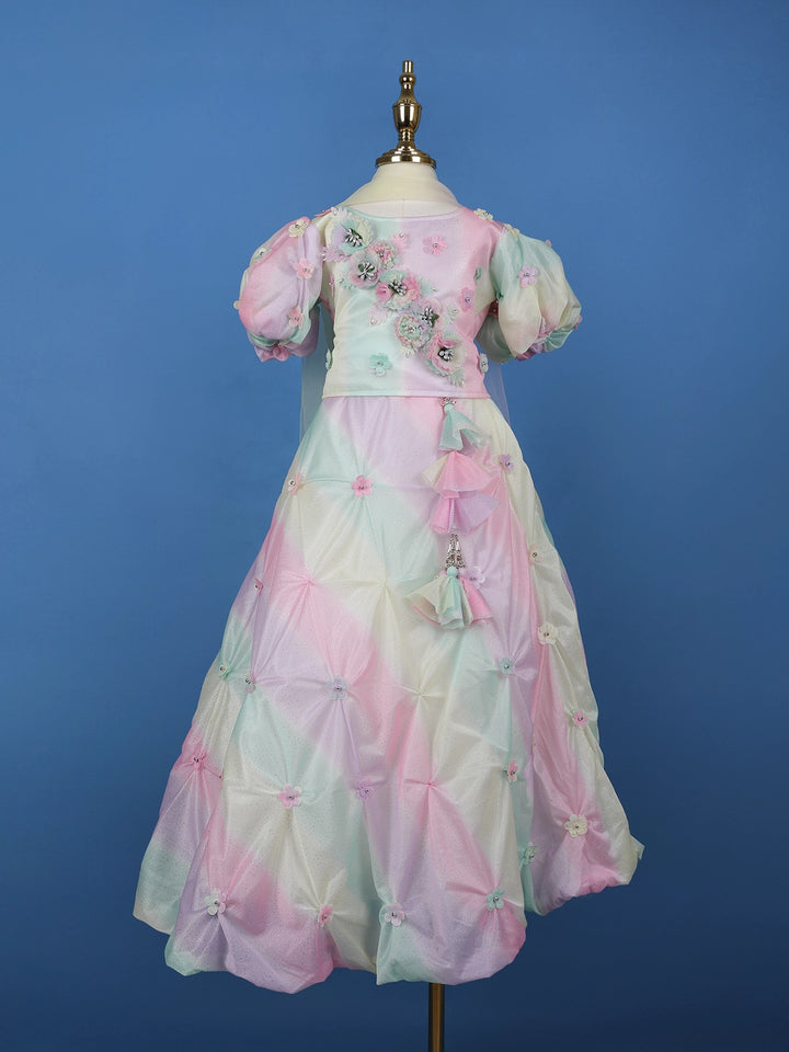 MultiColor 3D Floral Embellishments Organza Kids Lehenga - Diadem