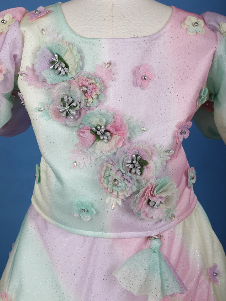 MultiColor 3D Floral Embellishments Organza Kids Lehenga - Diadem