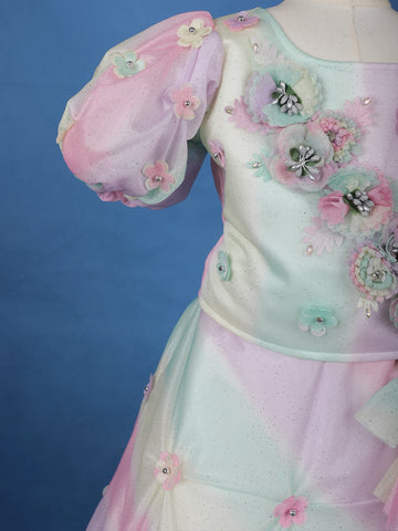 MultiColor 3D Floral Embellishments Organza Kids Lehenga - Diadem